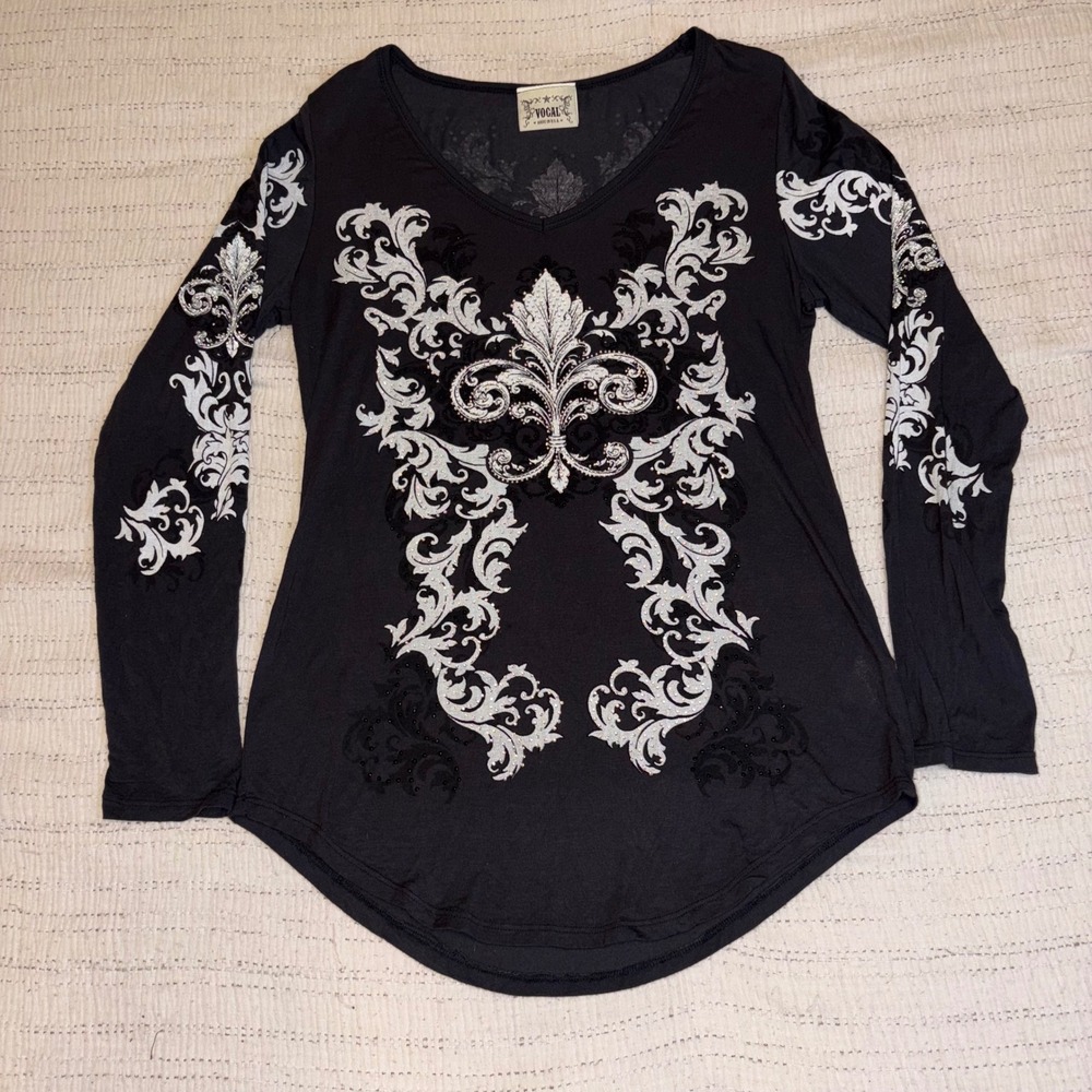 Vocal Womens Fleur De Lis Rhinestone Long Sleeve Top Black Y2K Grunge Size M
